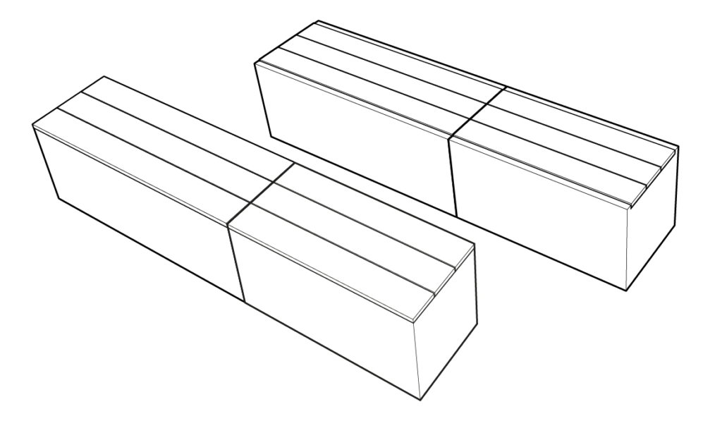 Solution en linéaire pour grande longueur de Banc Coffre sur mesure en fibre ciment avec assise amovible en lames de bois exotique brutes IMAGE'IN