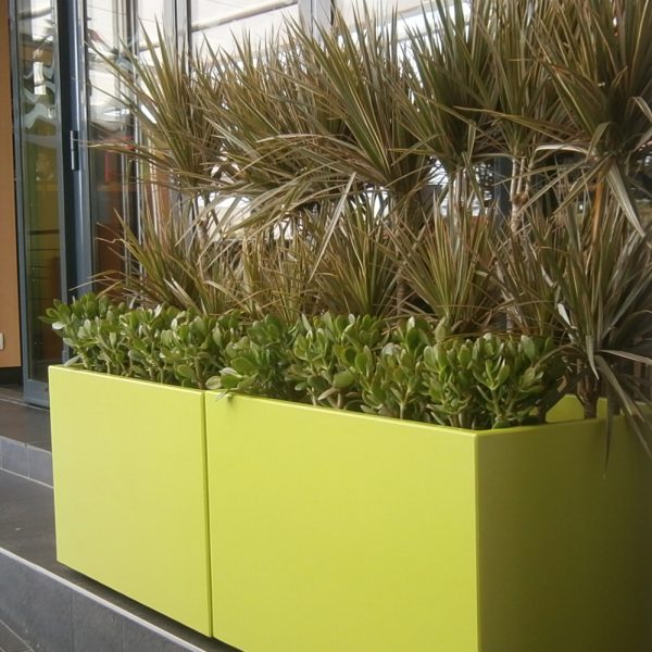 IMAGE'IN IRM Jardinière rectangulaire fabriquée en france, en fibre-ciment et sur-mesure pour une terrasse en front de mer exposée aux embruns.