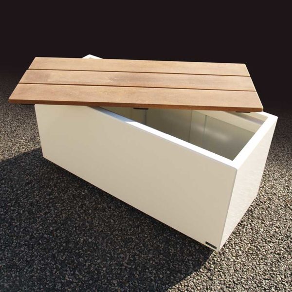 COFFRE—BANC-de-jardin-IMAGE’IN-Assise-lames-bois-en-recouvrement-OUVERT IMAGE'IN Coffre de rangement d'extérieur sur mesure