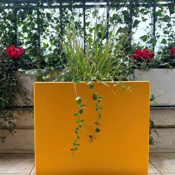 JARDINIERE-CUBIQUE-IMAGE-IN-jaune-orange-ICC4 bac de couleur ICC40 de la gamme IMAGE'IN en fibre ciment fabriquées en France et sur mesure