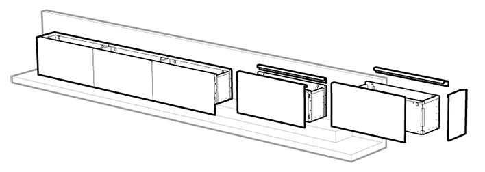 Linéaire de jardinières en tôlerie posées sur console avec face avant rabaissée et tasseau d'habillage arrière