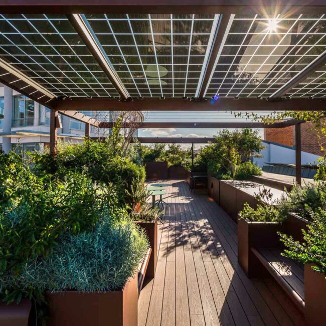 Beautiful rooftop design featuring custom STEELAB® aluminium planters by ATELIER SO GREEN.