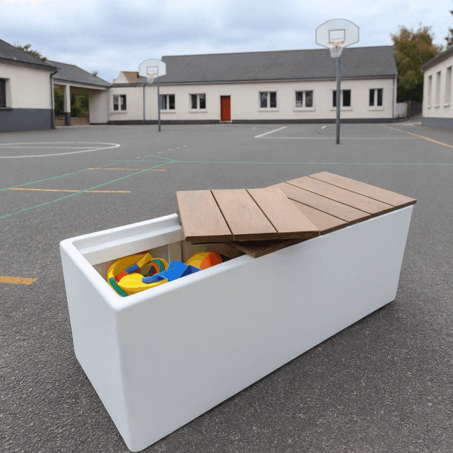 coffre banc sur-mesure pour école en fibre-ciment IMAGE'IN avec assise bois amovible en 3 morceaux
