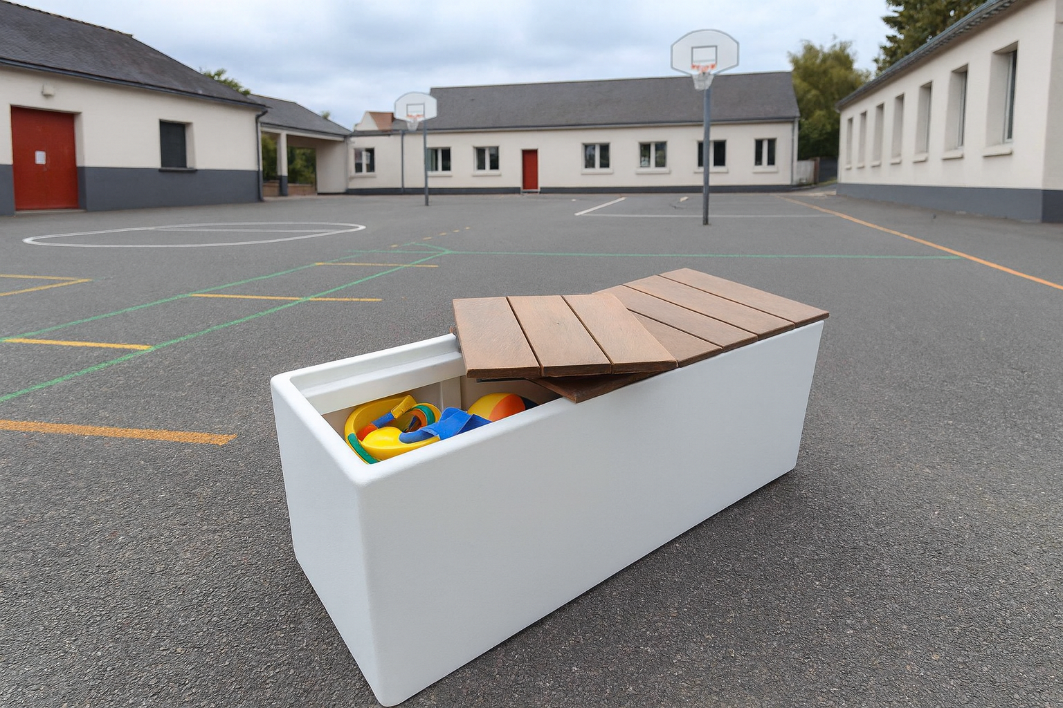 coffre banc sur-mesure pour école en fibre-ciment IMAGE'IN avec assise bois amovible en 3 morceaux