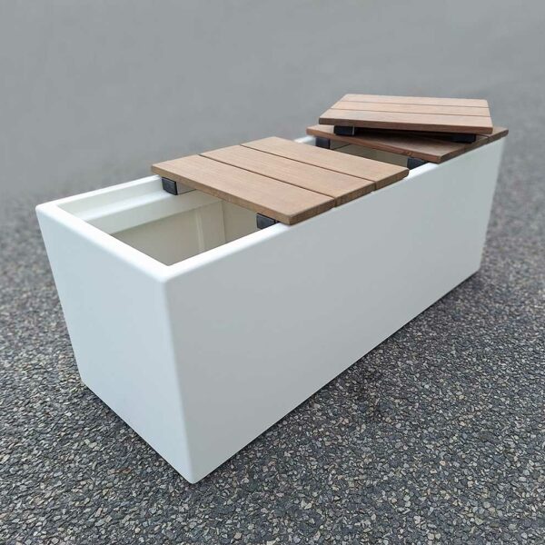 coffre banc sur-mesure pour école en fibre-ciment IMAGE'IN avec assise bois amovible en 3 morceaux