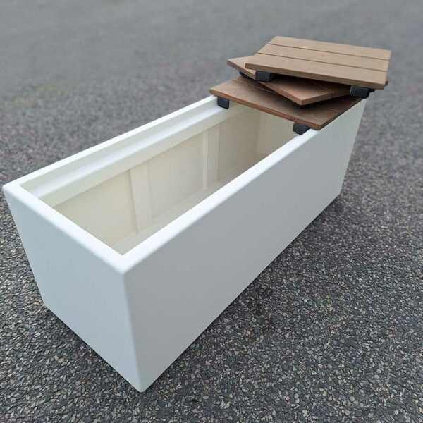 coffre banc sur-mesure pour école en fibre-ciment IMAGE'IN avec assise bois amovible en 3 morceaux