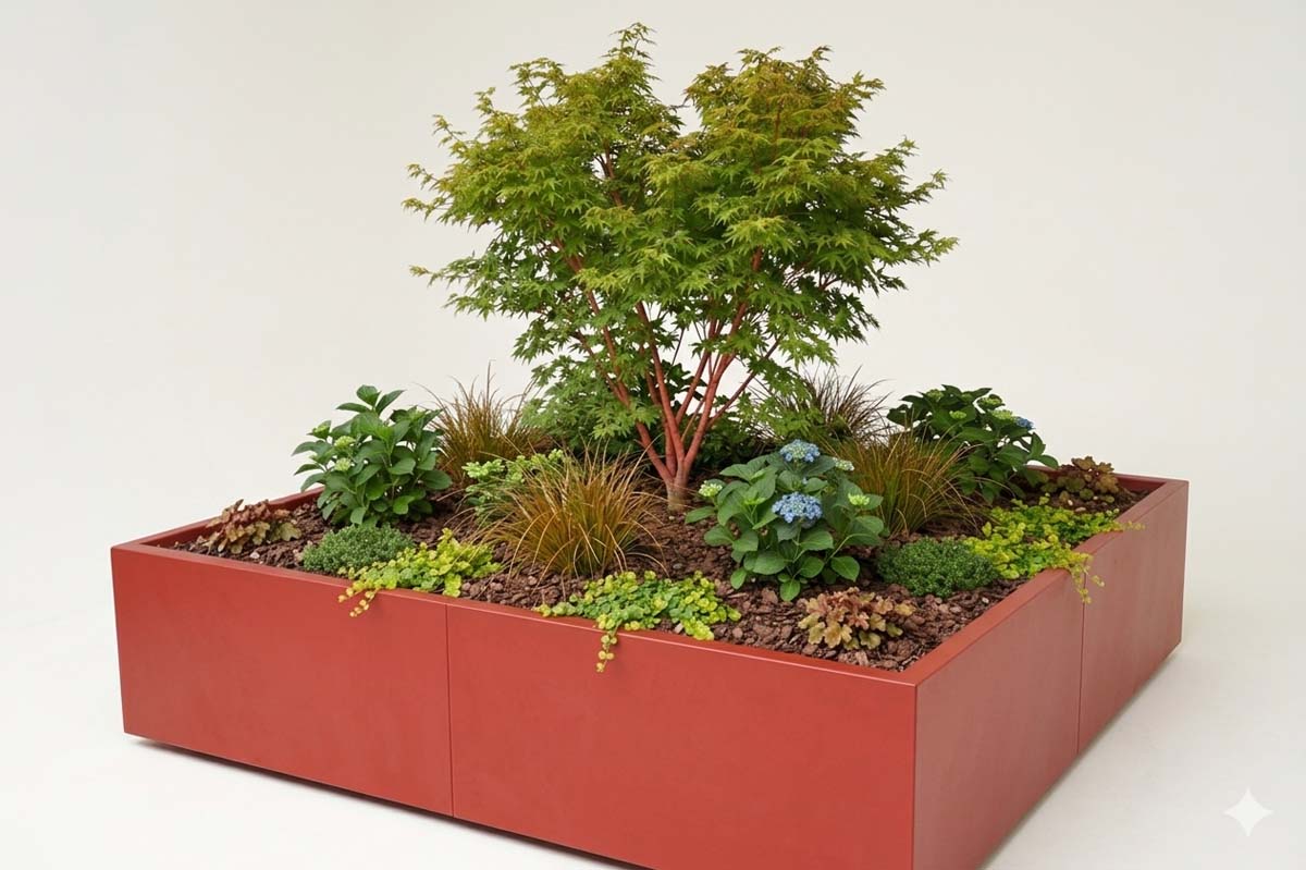 très grande jardinière STEELAB-E en 4 modules d'angle - végétalisé