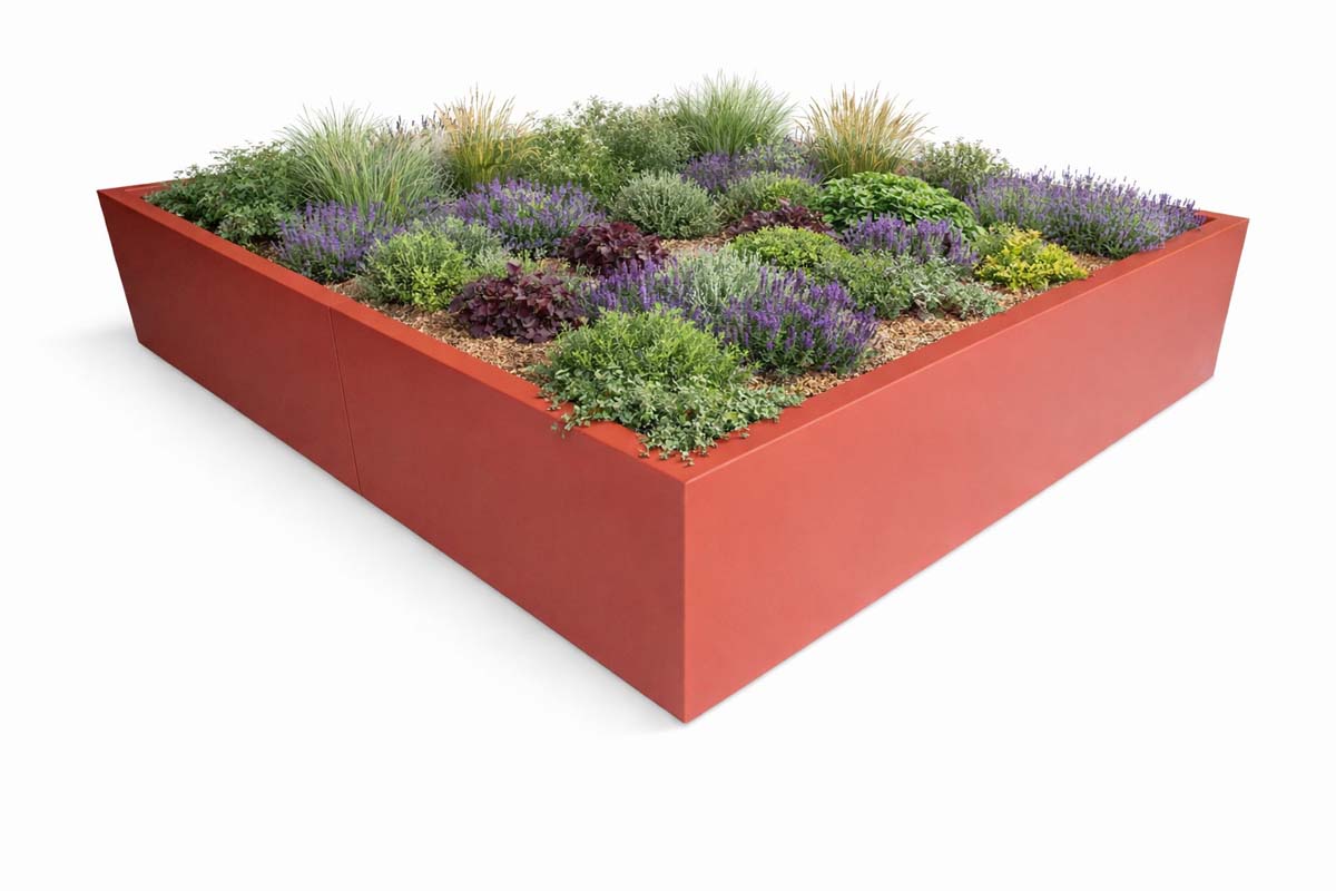 Grand ensemble de jardinières STEELAB-E en 4 modules d'angle - végétalisé